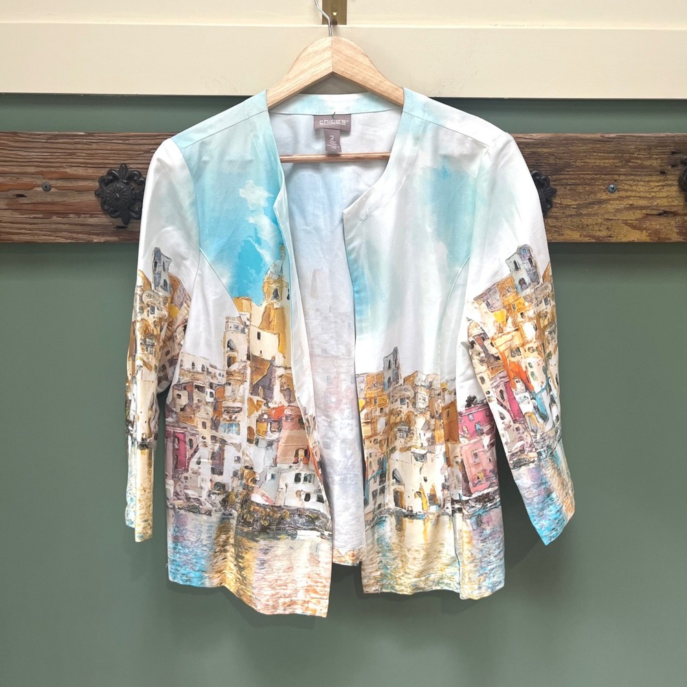 Chicos Women 2 Large Open Front Jacket Watercolor Mediterranean Coastal Village